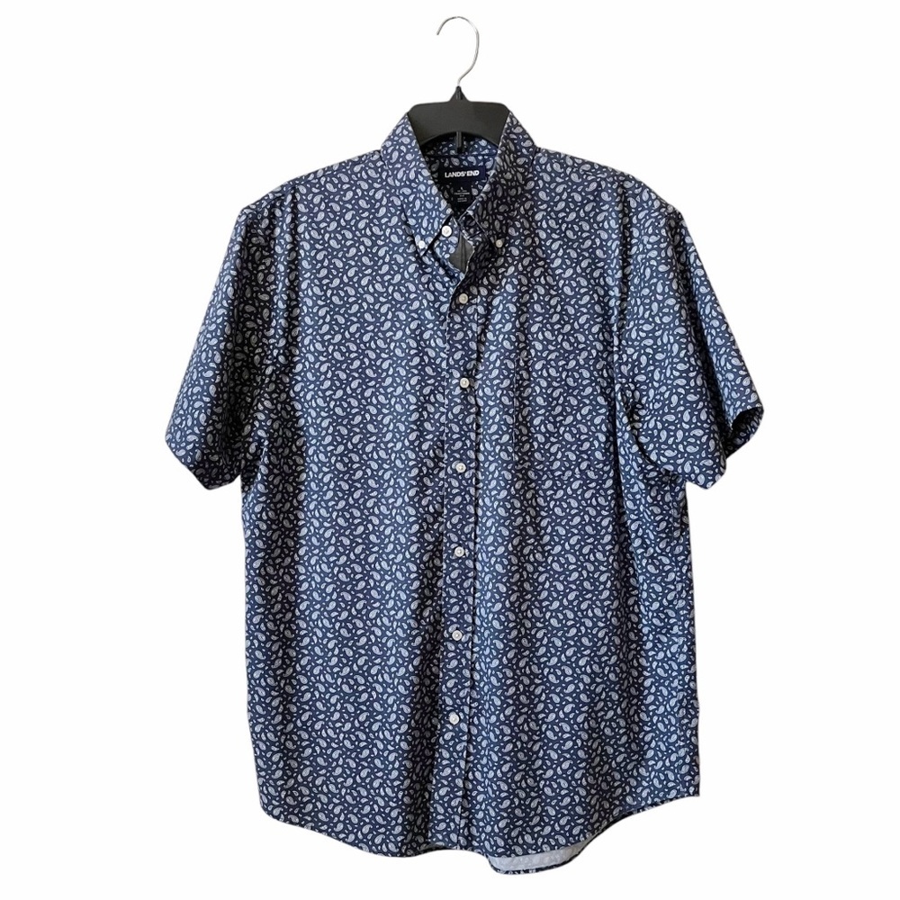 Lands' End Traditional Fit Shirt Men's Size L Blue Paisley Cotton Short Sleeve